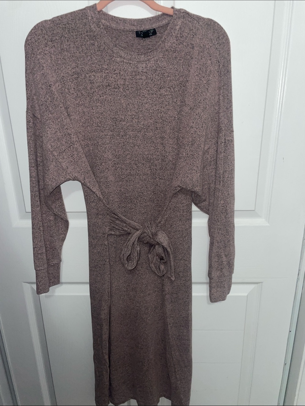 Topshop Long Sleeve Tie-Waist Knit Dress - Taupe